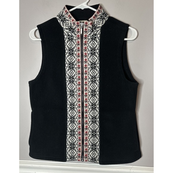 LL Bean Vest Nordic Fleece Snowflake Fair Isle Classic Black Knit Warm Outdoors - Picture 1 of 8